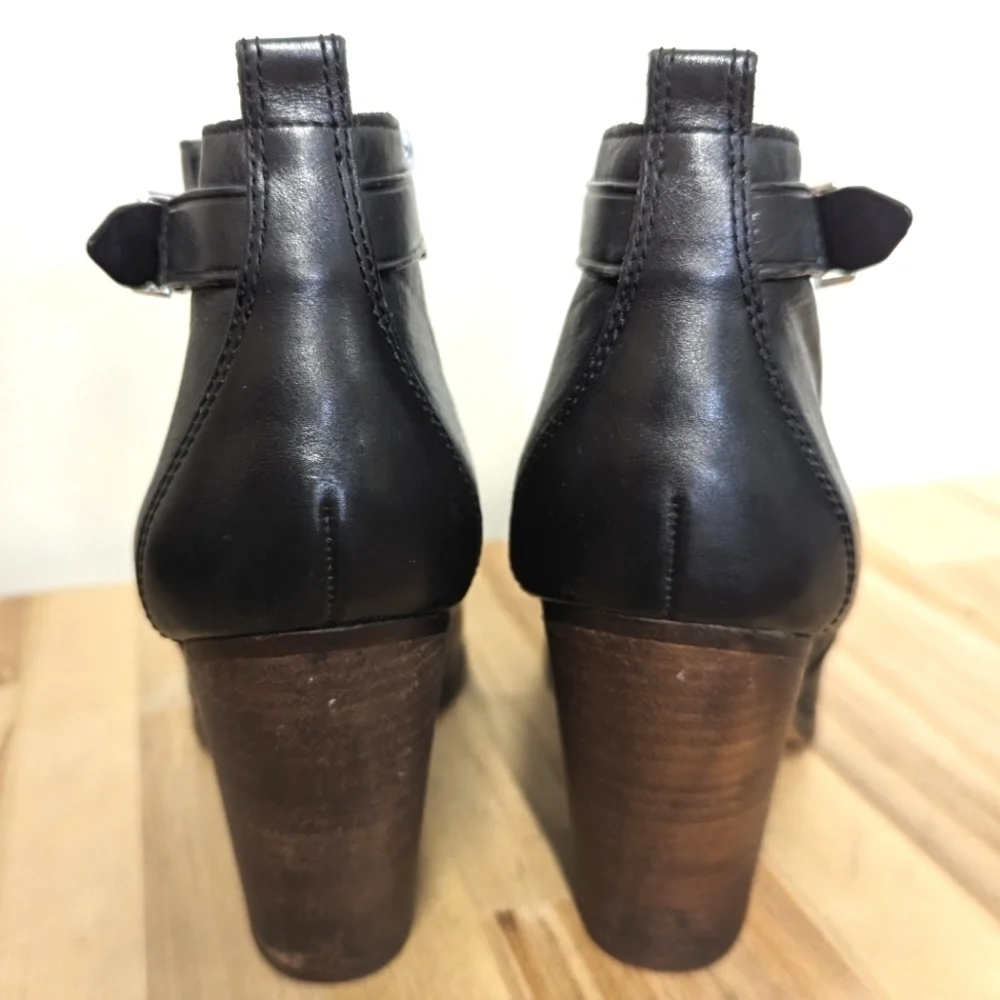 Coach Black Leather Ankle Boots Wood Block Heel 10 Zipper Faux Buckle Logo